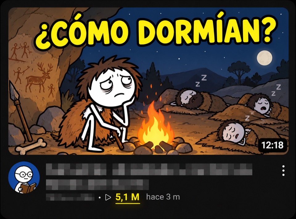 Miniatura de ejemplo: un cavernícola sin poder dormir junto al fuego, con el título ¿Cómo dormían?